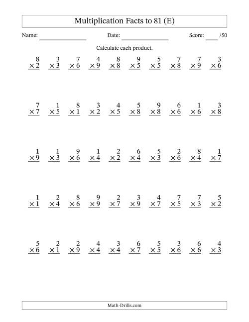 The Multiplication Facts to 81 (50 Questions) (No Zeros) (E) Math Worksheet