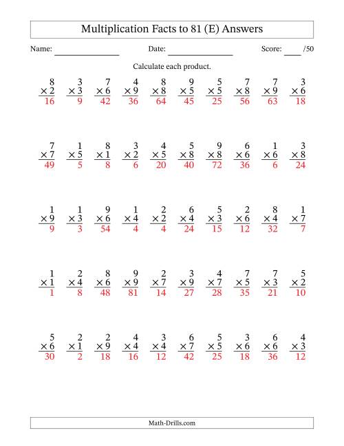 The Multiplication Facts to 81 (50 Questions) (No Zeros) (E) Math Worksheet Page 2