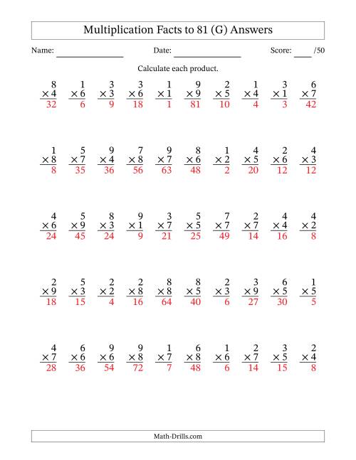 The Multiplication Facts to 81 (50 Questions) (No Zeros) (G) Math Worksheet Page 2