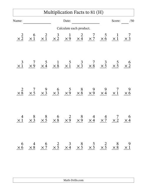 The Multiplication Facts to 81 (50 Questions) (No Zeros) (H) Math Worksheet