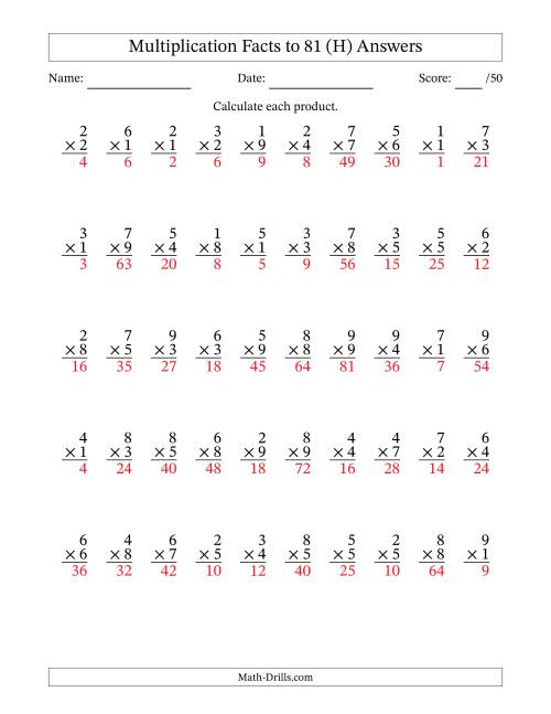 The Multiplication Facts to 81 (50 Questions) (No Zeros) (H) Math Worksheet Page 2