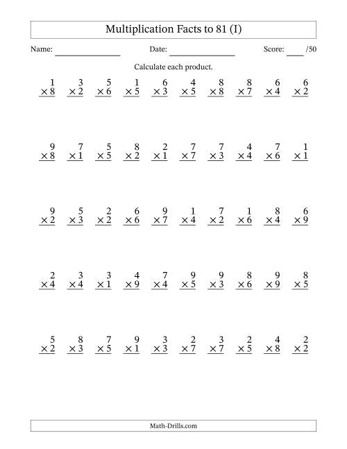 The Multiplication Facts to 81 (50 Questions) (No Zeros) (I) Math Worksheet