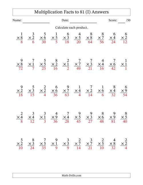 The Multiplication Facts to 81 (50 Questions) (No Zeros) (I) Math Worksheet Page 2