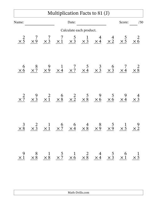 The Multiplication Facts to 81 (50 Questions) (No Zeros) (J) Math Worksheet