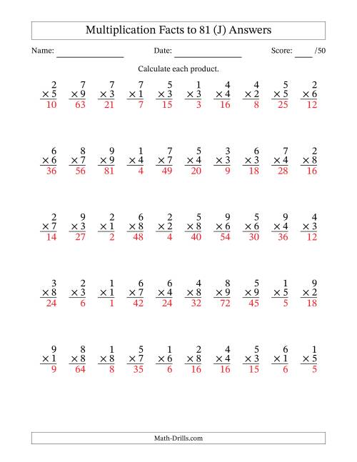 The Multiplication Facts to 81 (50 Questions) (No Zeros) (J) Math Worksheet Page 2