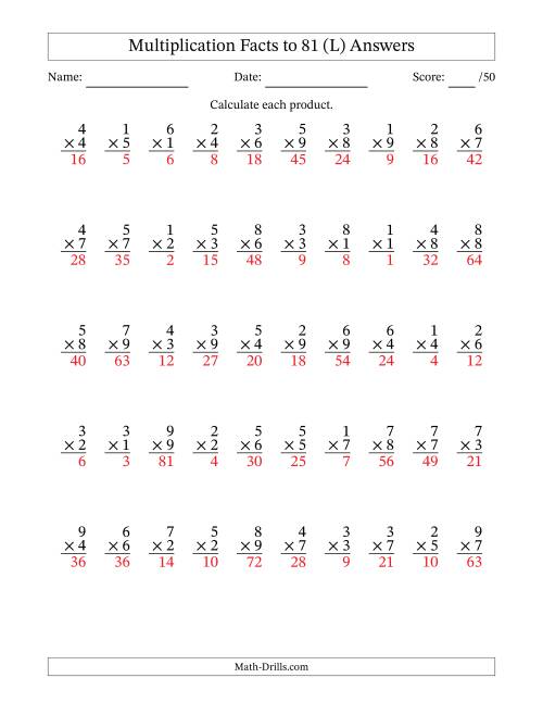 The Multiplication Facts to 81 (50 Questions) (No Zeros) (L) Math Worksheet Page 2