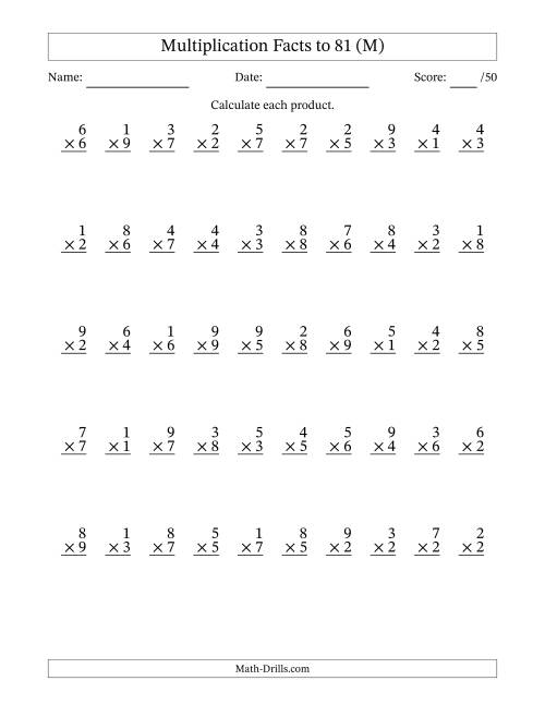 The Multiplication Facts to 81 (50 Questions) (No Zeros) (M) Math Worksheet