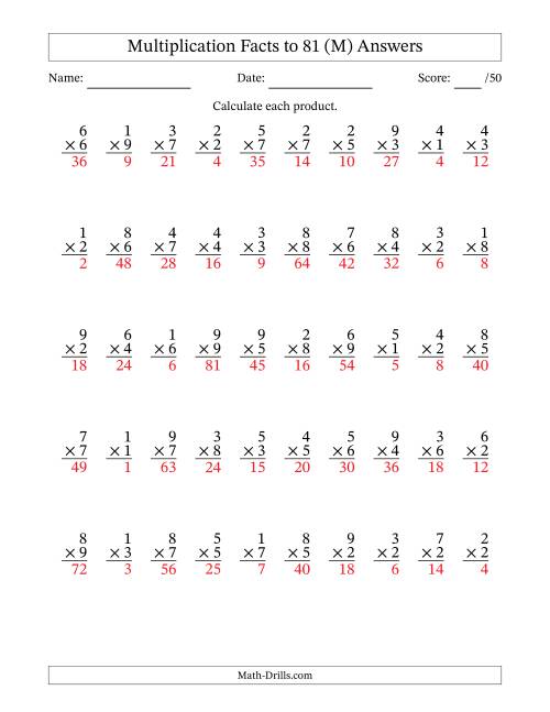 The Multiplication Facts to 81 (50 Questions) (No Zeros) (M) Math Worksheet Page 2
