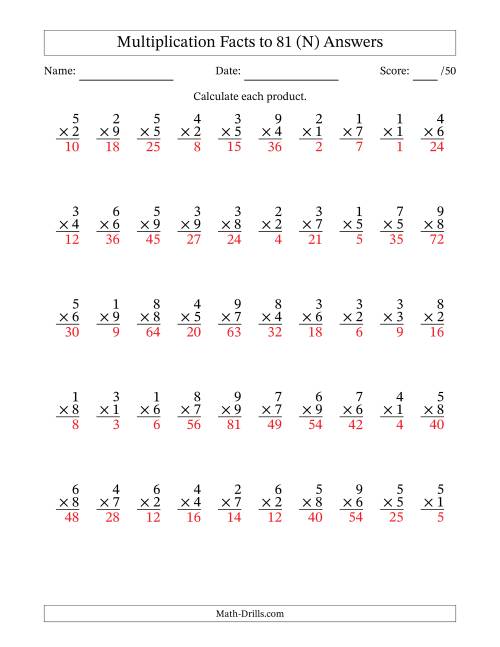 The Multiplication Facts to 81 (50 Questions) (No Zeros) (N) Math Worksheet Page 2