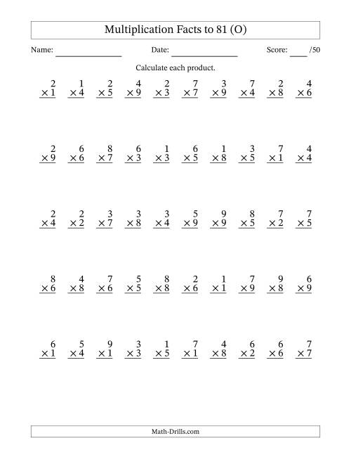 The Multiplication Facts to 81 (50 Questions) (No Zeros) (O) Math Worksheet