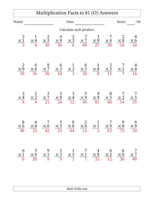 The Multiplication Facts to 81 (50 Questions) (No Zeros) (O) Math Worksheet Page 2