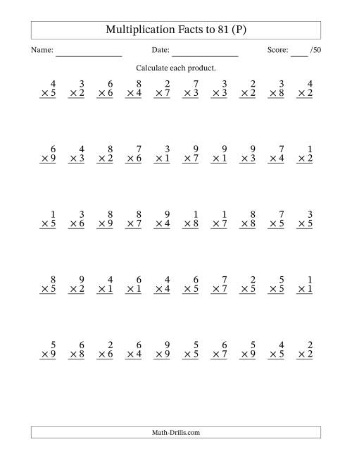 The Multiplication Facts to 81 (50 Questions) (No Zeros) (P) Math Worksheet