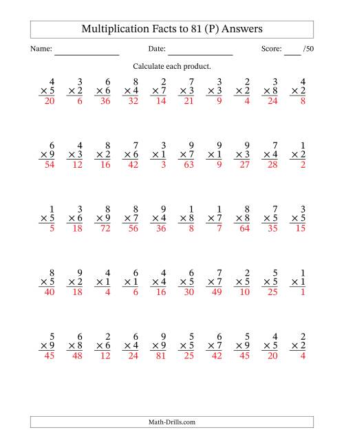 The Multiplication Facts to 81 (50 Questions) (No Zeros) (P) Math Worksheet Page 2