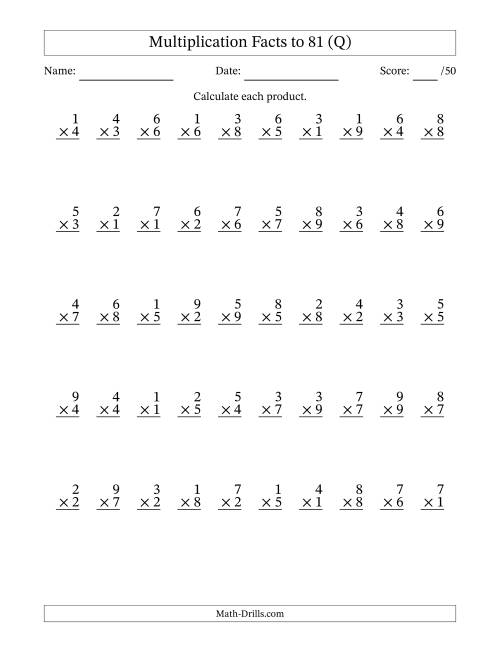 The Multiplication Facts to 81 (50 Questions) (No Zeros) (Q) Math Worksheet