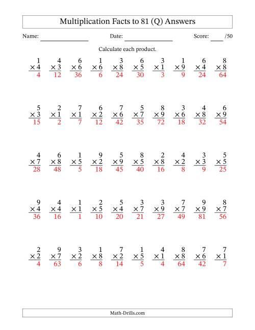 The Multiplication Facts to 81 (50 Questions) (No Zeros) (Q) Math Worksheet Page 2