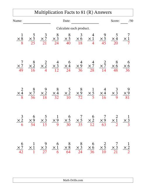 The Multiplication Facts to 81 (50 Questions) (No Zeros) (R) Math Worksheet Page 2