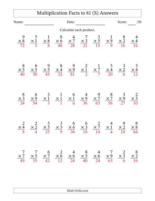 The Multiplication Facts to 81 (50 Questions) (No Zeros) (S) Math Worksheet Page 2