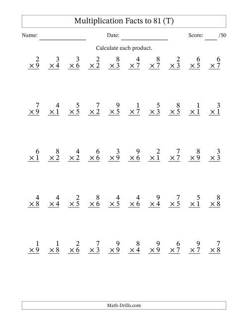The Multiplication Facts to 81 (50 Questions) (No Zeros) (T) Math Worksheet
