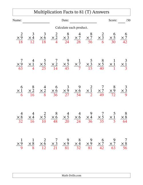 The Multiplication Facts to 81 (50 Questions) (No Zeros) (T) Math Worksheet Page 2