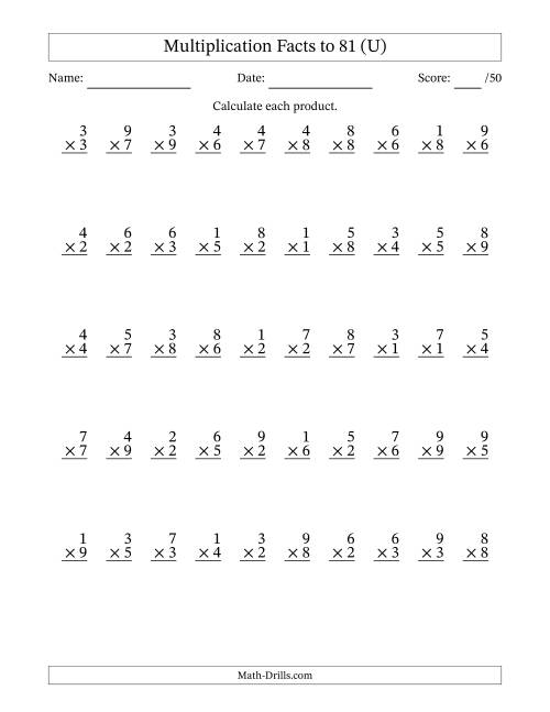 The Multiplication Facts to 81 (50 Questions) (No Zeros) (U) Math Worksheet