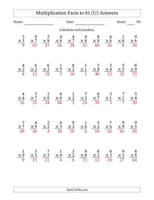The Multiplication Facts to 81 (50 Questions) (No Zeros) (U) Math Worksheet Page 2