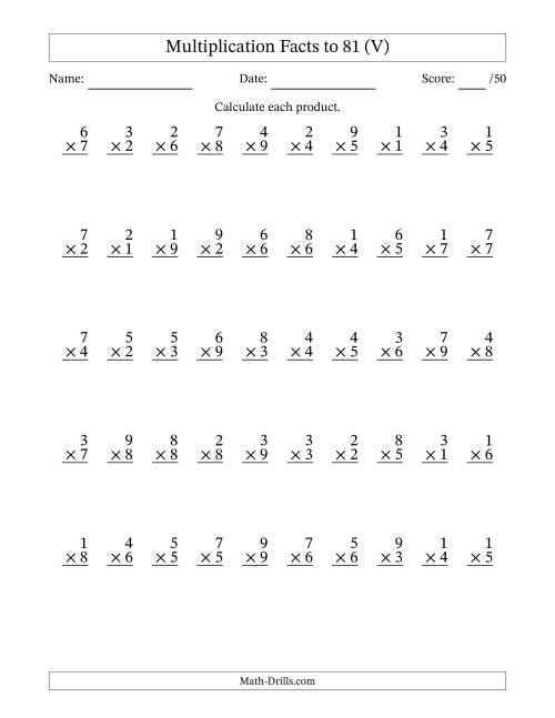 The Multiplication Facts to 81 (50 Questions) (No Zeros) (V) Math Worksheet