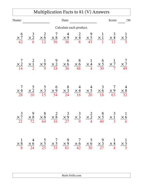 The Multiplication Facts to 81 (50 Questions) (No Zeros) (V) Math Worksheet Page 2