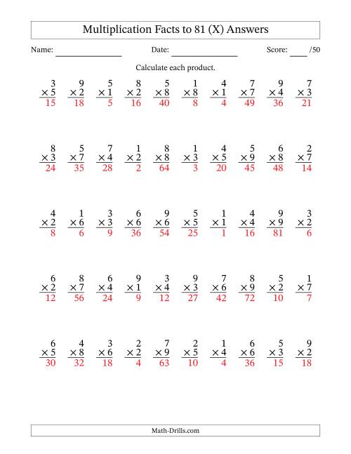 The Multiplication Facts to 81 (50 Questions) (No Zeros) (X) Math Worksheet Page 2