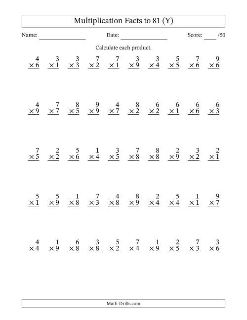 The Multiplication Facts to 81 (50 Questions) (No Zeros) (Y) Math Worksheet