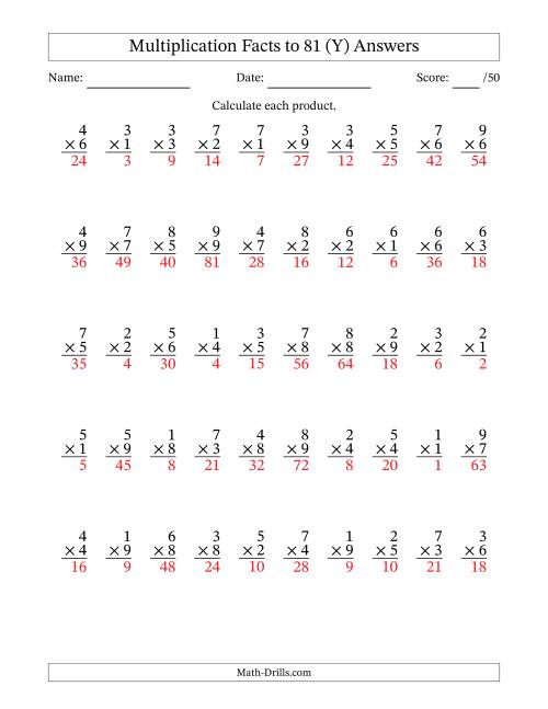 The Multiplication Facts to 81 (50 Questions) (No Zeros) (Y) Math Worksheet Page 2
