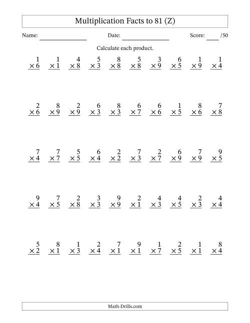 The Multiplication Facts to 81 (50 Questions) (No Zeros) (Z) Math Worksheet