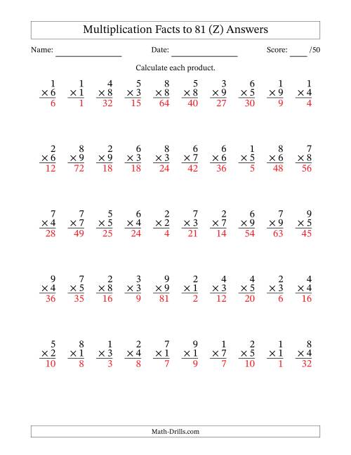 The Multiplication Facts to 81 (50 Questions) (No Zeros) (Z) Math Worksheet Page 2