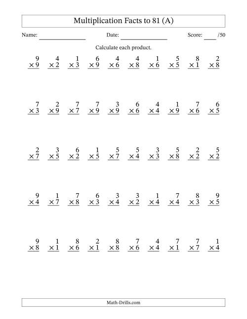 The Multiplication Facts to 81 (50 Questions) (No Zeros) (All) Math Worksheet