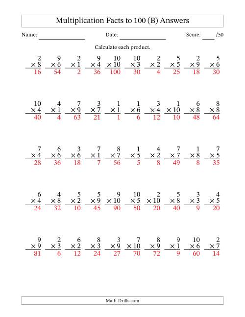 The Multiplication Facts to 100 (50 Questions) (No Zeros) (B) Math Worksheet Page 2