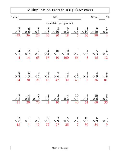 The Multiplication Facts to 100 (50 Questions) (No Zeros) (D) Math Worksheet Page 2