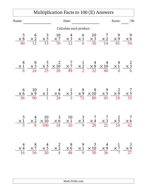 The Multiplication Facts to 100 (50 Questions) (No Zeros) (E) Math Worksheet Page 2
