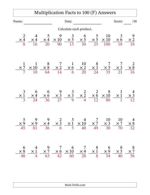 The Multiplication Facts to 100 (50 Questions) (No Zeros) (F) Math Worksheet Page 2