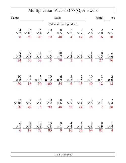 The Multiplication Facts to 100 (50 Questions) (No Zeros) (G) Math Worksheet Page 2