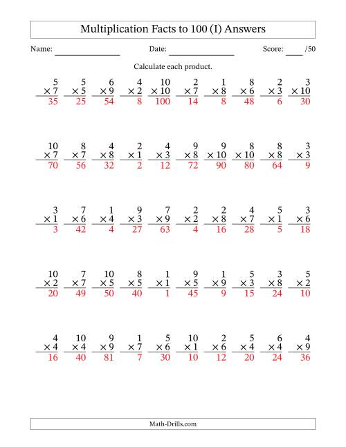 The Multiplication Facts to 100 (50 Questions) (No Zeros) (I) Math Worksheet Page 2