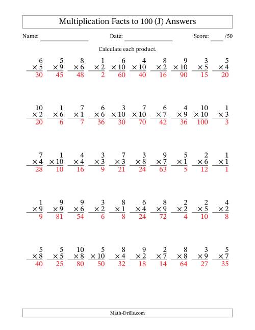 The Multiplication Facts to 100 (50 Questions) (No Zeros) (J) Math Worksheet Page 2