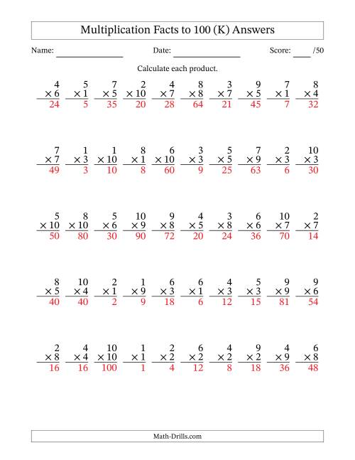 The Multiplication Facts to 100 (50 Questions) (No Zeros) (K) Math Worksheet Page 2