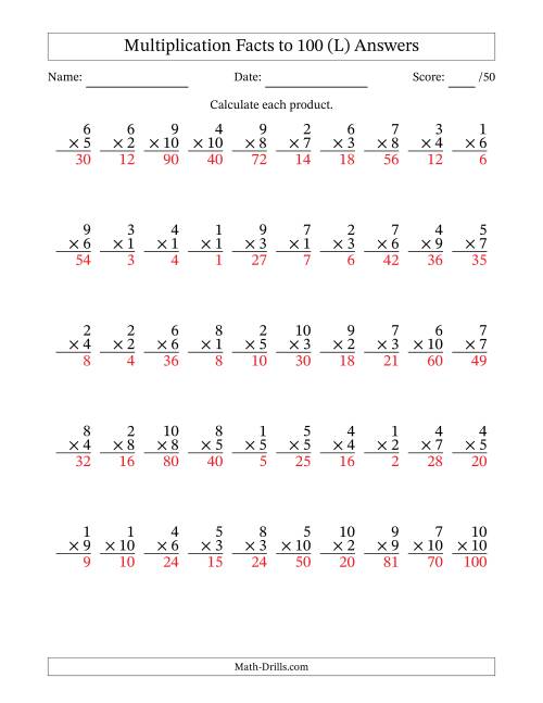 The Multiplication Facts to 100 (50 Questions) (No Zeros) (L) Math Worksheet Page 2