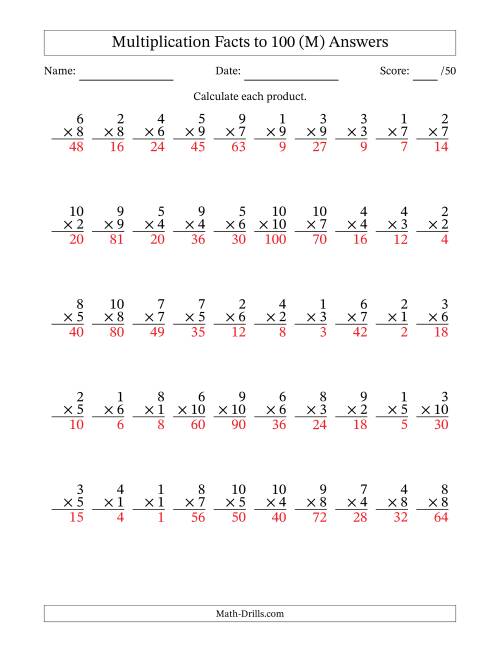 The Multiplication Facts to 100 (50 Questions) (No Zeros) (M) Math Worksheet Page 2