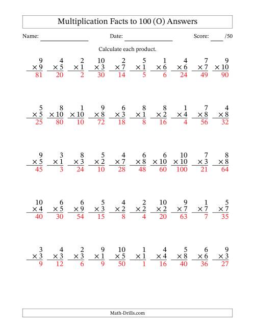 The Multiplication Facts to 100 (50 Questions) (No Zeros) (O) Math Worksheet Page 2