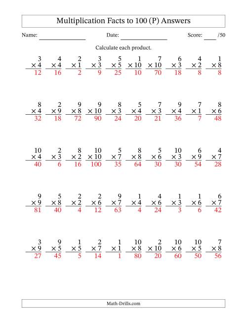 The Multiplication Facts to 100 (50 Questions) (No Zeros) (P) Math Worksheet Page 2