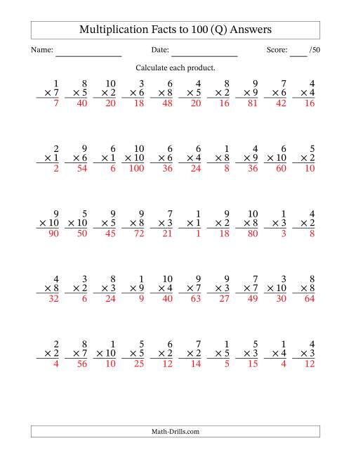 The Multiplication Facts to 100 (50 Questions) (No Zeros) (Q) Math Worksheet Page 2