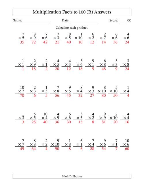 The Multiplication Facts to 100 (50 Questions) (No Zeros) (R) Math Worksheet Page 2