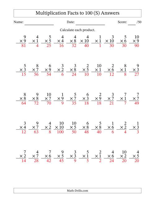The Multiplication Facts to 100 (50 Questions) (No Zeros) (S) Math Worksheet Page 2