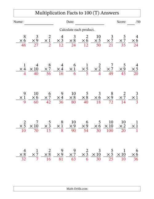 The Multiplication Facts to 100 (50 Questions) (No Zeros) (T) Math Worksheet Page 2