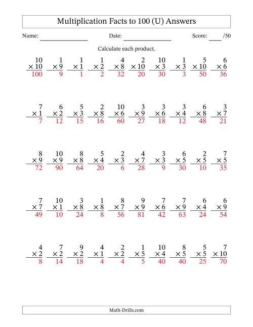 The Multiplication Facts to 100 (50 Questions) (No Zeros) (U) Math Worksheet Page 2